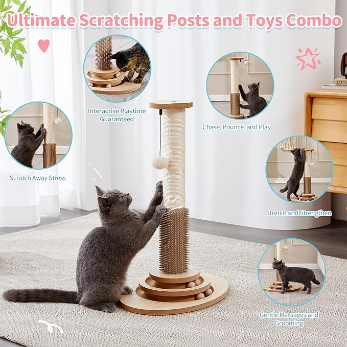 Made4Pets Cat Scratching Post, 23" Tall Sisal Scratcher Post with Cat Self Groomer, 4-in-1 Interactive Trackball Toys with Cat Hair Brush, Vertical Cat Climbing Tree with Dangling Plush Balls