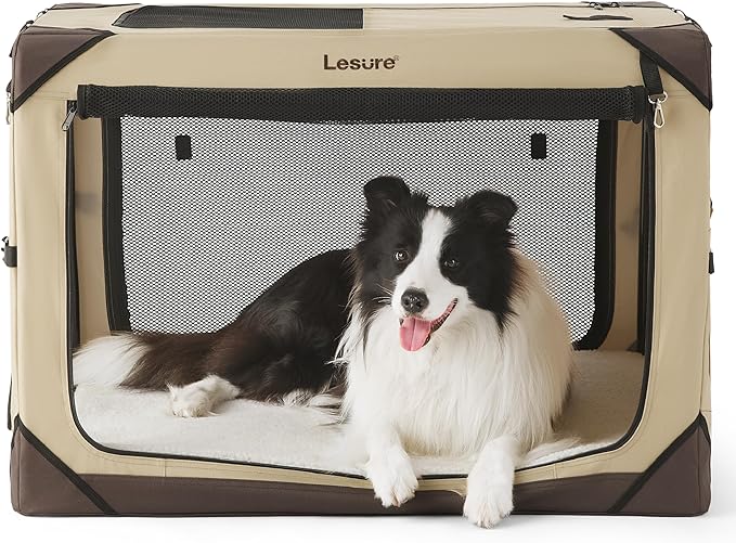 Lesure Collapsible Dog Crate - Portable Dog Travel Crate Kennel for Large Dog, 4-Door Pet Crate with Durable Mesh Windows, Indoor & Outdoor (Khaki)