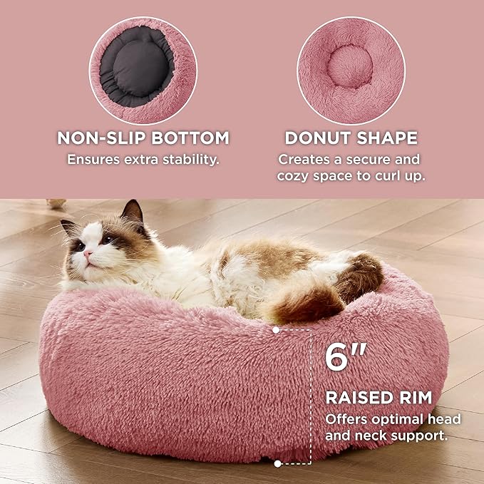 Bedsure Calming Cat Beds for Indoor Cats - Small Cat Bed Washable 20 inches, Anti-Slip Round Fluffy Plush Faux Fur Pet Bed, Fits up to 15 lbs Pets, Mauve Blush