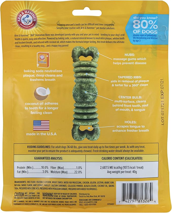 Arm & Hammer for Pets Fresh Spectrum 360 Degree Dentamax Bone, Medium/Large - 7 pcs | Arm and Hammer Baking Soda Dog Dental Bone Chew Treat | Dental Treats for Dogs, Chew Bone for Dogs