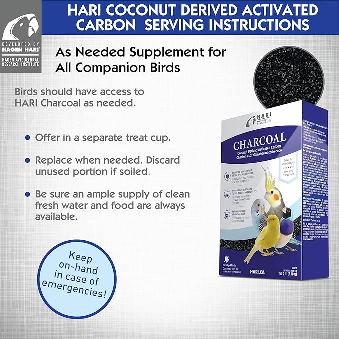 Hari Bird Charcoal, Coconut Derived Activated Charcoal, Aid in Digestion and Eliminate Toxins, Hagen Supplement for All Birds, 8.11 oz