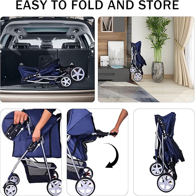 Pet Stroller, 4 Wheels Multifunction Dog Cat Stroller, Folding Portable Travel Stroller with Detachable Carrier, Suitable for Medium Small Dogs Cats, Blue