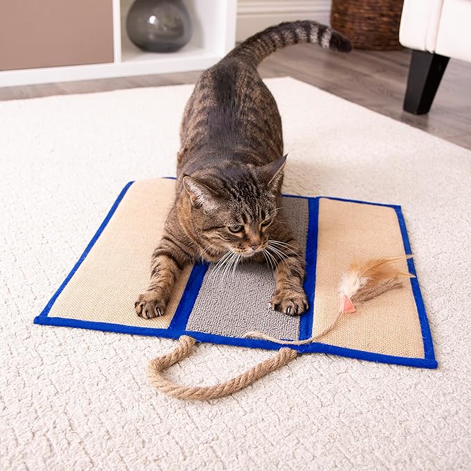 SmartyKat Clever Claws Carpet & Burlap Hanging Cat Scratch Mat - Brown/Gray with Blue Trim, One Size