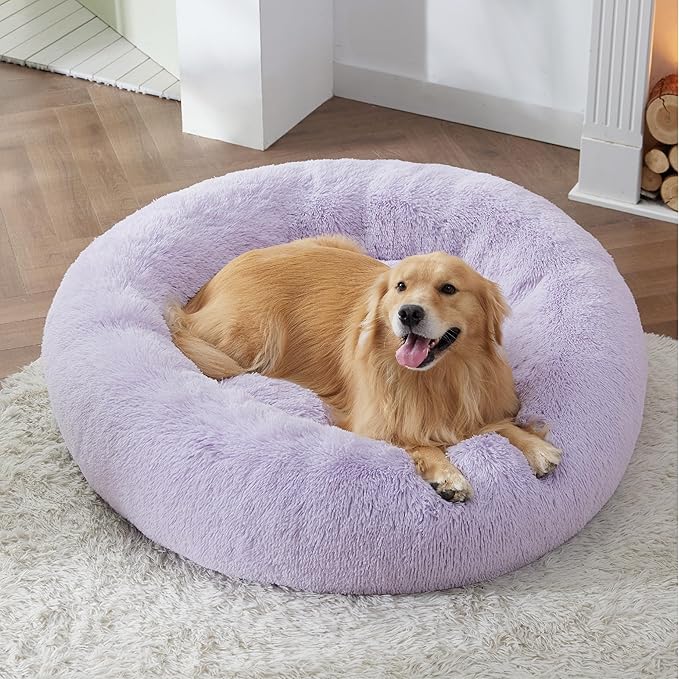 Bedsure Calming Dog Bed for Extra Large Dogs - Donut Washable Large Pet Bed, 45 inches Anti-Slip Round Fluffy Plush Faux Fur Dog Bed, Fits up to 125 lbs Pets, Purple