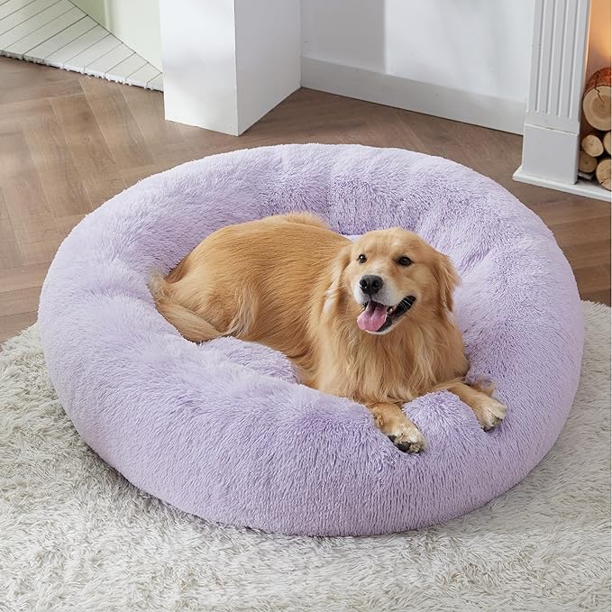 Bedsure Calming Dog Bed for Extra Large Dogs - Donut Washable Large Pet Bed, 45 inches Anti-Slip Round Fluffy Plush Faux Fur Dog Bed, Fits up to 125 lbs Pets, Purple