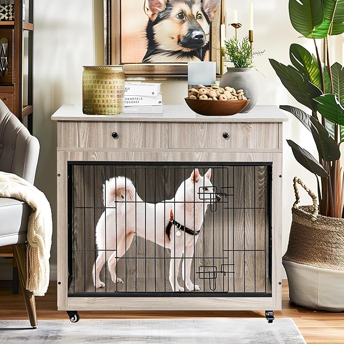 NicBex Dog Crate Furniture, 38.4" L Dog Crates for Large Dogs, Large Dog Crate with Drawers, Wooden Dog Kennel Indoor Pet Crate for Small Medium Large Dog, Grey