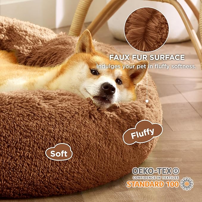 Bedsure Calming Dog Bed for Medium Dogs - Donut Washable Medium Pet Bed, 30 inches Anti-Slip Round Fluffy Plush Faux Fur Cat Bed, Fits up to 45 lbs Pets, Caramel