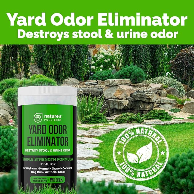 "Nature's Pure Edge,Yard Odor Eliminator. Perfect For Artificial Grass, Patio, Kennel, and Lawn. Instantly Removes Stool and Urine Odor. Long Lasting. Kid and Pet Safe.