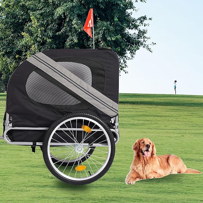 Bike Dog Trailer Folding Cart Frame with 3 Entrances Safety Flag 8 Reflectors, 20" Rear Wheels, Quick Conversion Bicycle Carrier for Medium Small Pets