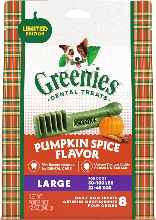 Greenies Pumpkin Spice Flavor Large Size, Veterinarian-Recommended for Dental Care, Dog Treat Chews, Limited Edition, 12 oz., Pack of 8