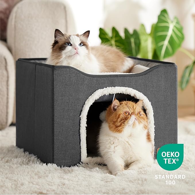 Bedsure Cat Beds for Indoor Cats - Large Cat Cave for Pet Cat House with Fluffy Ball Hanging and Scratch Pad, Foldable Cat Hideaway,16.5x16.5x13 inches, Dark Grey