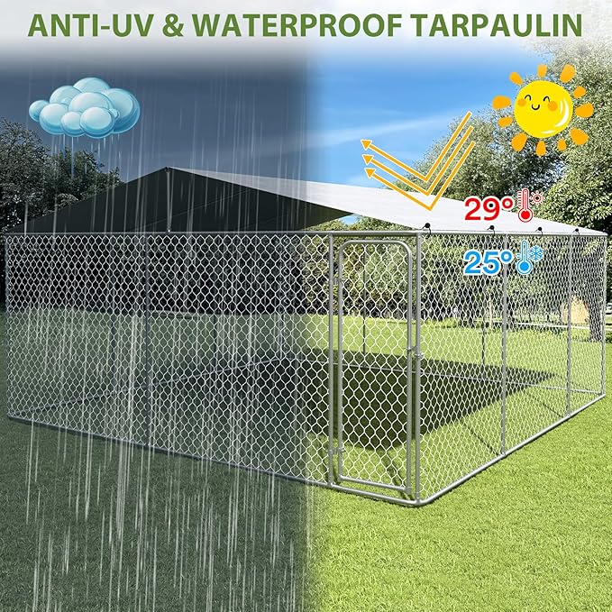 15x15 FT Extra Large Outdoor Dog Kennel, Outside Dog Kennel with Roof, Heavy Duty Dog Run Fence with Anti-UV & Waterproof Cover, Covered Dog Outdoor Kennel for Large Dogs