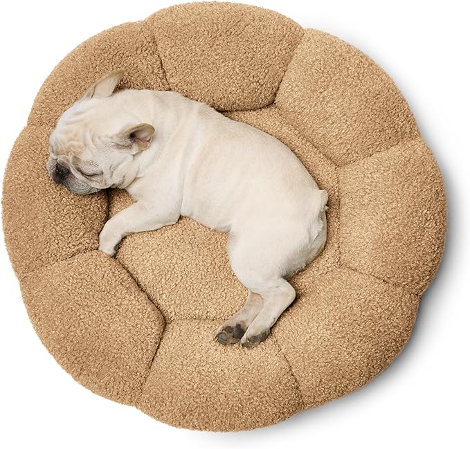 Lesure Calming Medium Dog Bed - Flower Donut Round Fluffy Puppy Bed in Plush Teddy Sherpa, Non-Slip Cute Flower Cat Beds for Indoor Cats, Medium Pet Bed Fits up to 45 lbs, Machine Washable, Camel 30"