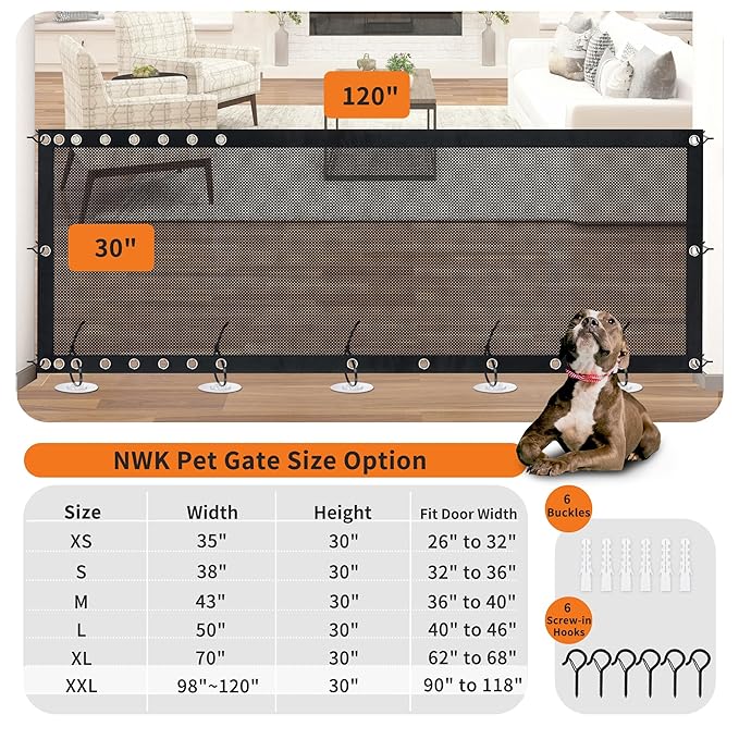 NWK 98’’ to 120’’Extra Wide Adjustable Pet Gate, 30’’ Tall, Mesh Pet Gate for The House Stairs Providing a Safe Enclosure for Pets to Play and Rest (Extra wide)