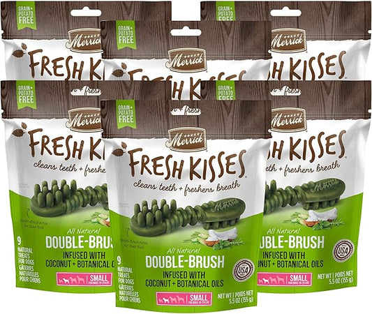 Merrick Fresh Kisses Double-Brush Dental Dog Treats with Coconut + Botanical Oils for Small Dogs, 9 Brushes, 5.5 OZ (Pack of 6)