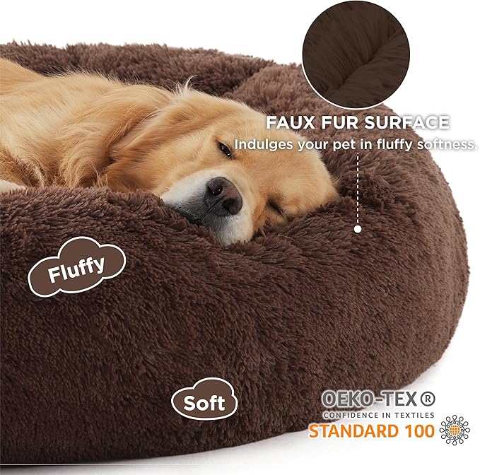 Bedsure Calming Dog Bed for Extra Large Dogs - Donut Washable Large Pet Bed, Anti-Slip Round Fluffy Plush Faux Fur Dog Bed, Fits up to 125 lbs Pets, Brown, 45 inches