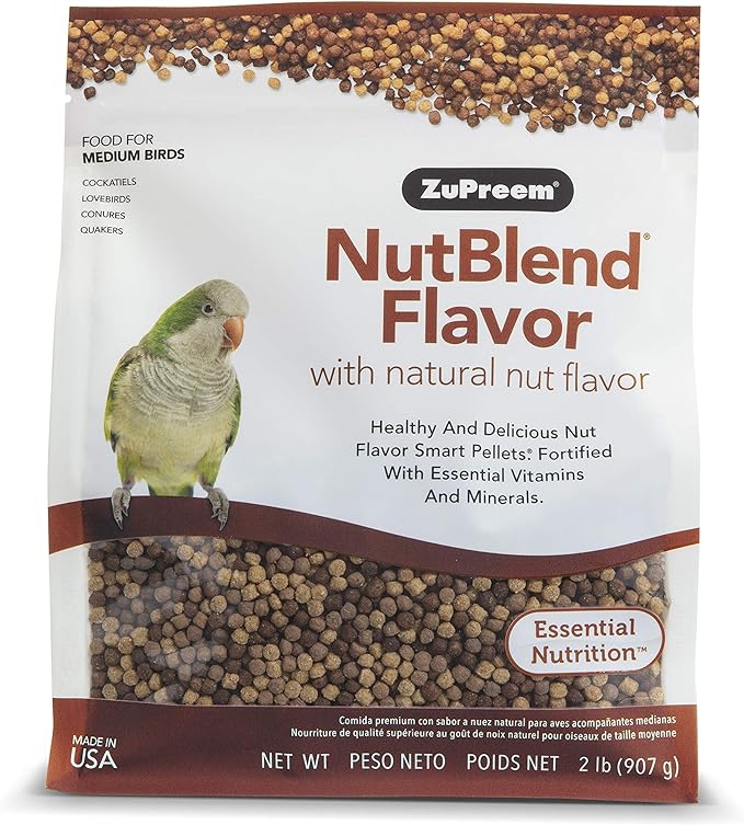 ZuPreem NutBlend Smart Pellets Bird Food for Medium Birds, 2 Pound Bag - Made in USA, Daily Nutrition, Essential Vitamins, Minerals for Cockatiels, Quakers, Lovebirds, Small Conures