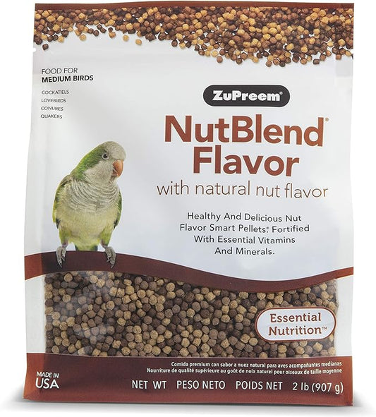 ZuPreem NutBlend Smart Pellets Bird Food for Medium Birds, 2 Pound Bag - Made in USA, Daily Nutrition, Essential Vitamins, Minerals for Cockatiels, Quakers, Lovebirds, Small Conures