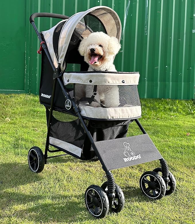 ROODO Dog Stroller 4 Wheel Pet Stroller Cat Stroller Lightweight Foldable Portable Compact Jogger Pet Gear Amazon Puppy Travel Pet Stroller Suitable for Cats and Dogs up to 30lbs(Light Khaki)