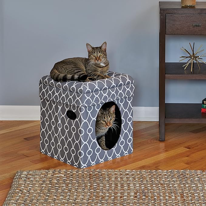 MidWest Homes for Pets Cat Cube Cozy Cat House / Cat Condo in Fashionable Gray Geo Print 15.5L x 15.5W x 16.5H Inches