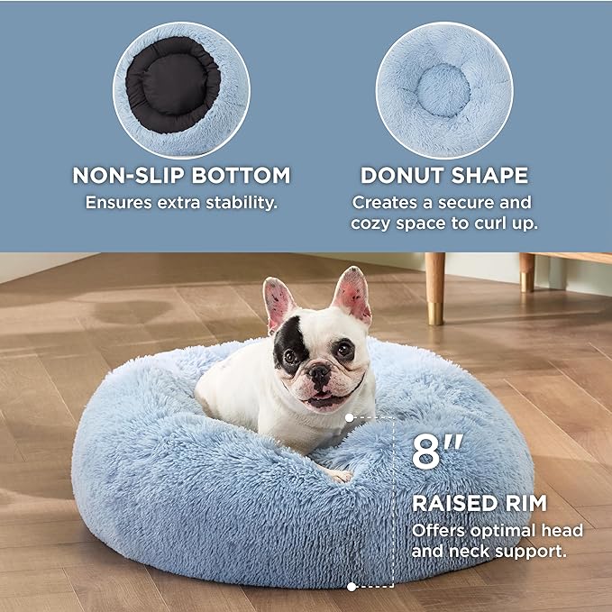 Bedsure Calming Dog Bed for Small Dogs - Donut Washable Small Pet Bed, Round Anti-Slip Fluffy Plush Faux Fur Large Cat Bed, Fits up to 25 lbs Pets, Blue, 23 inches