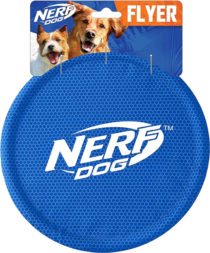 Nerf Dog Nylon Flyer Dog Toy, Flying Disc, Lightweight, Durable and Water Resistant, Great for Beach and Pool, 9 inch diameter, for Medium/Large Breeds, Single Unit, Blue