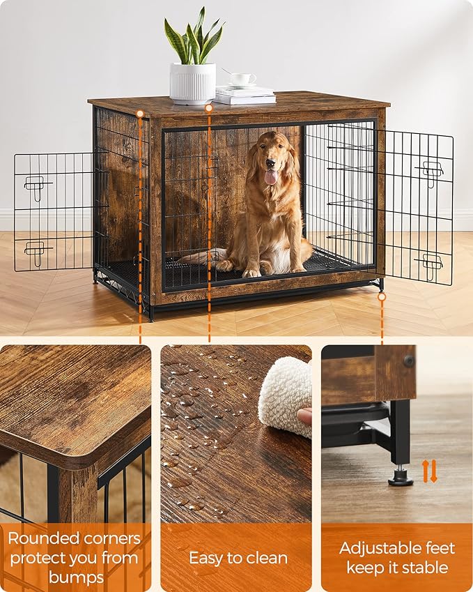 Feandrea Dog Crate Furniture, Side End Table, Modern Kennel for Dogs Indoor up to 80 lb, Heavy-Duty Dog Cage with Multi-Purpose Removable Tray, Double-Door Dog House, Rustic Brown UPFC004X01