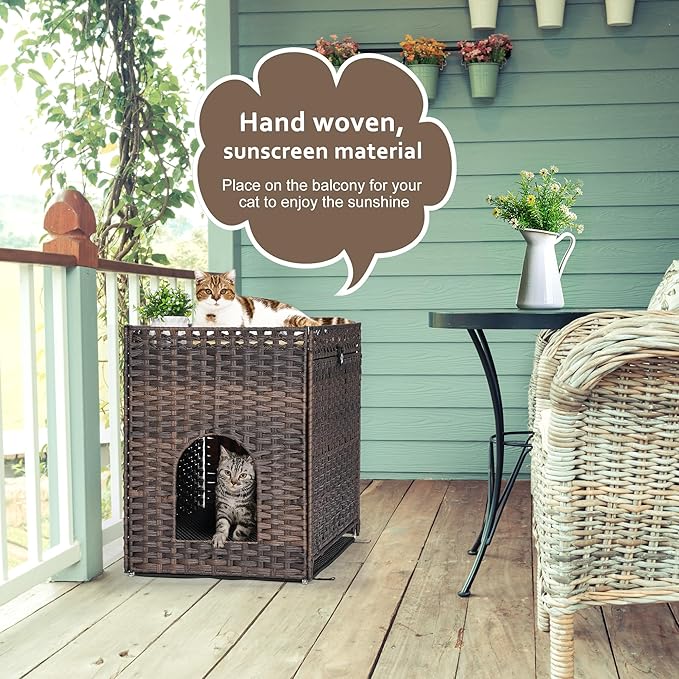 Cat Litter Box Enclosure with Soft Litter Mat; Hidden Cat Washroom Furniture with Door; Handwoven Rattan Cat House with Large Space; Pet Crate for Living Room, Bedroom, Balcony (Brown)