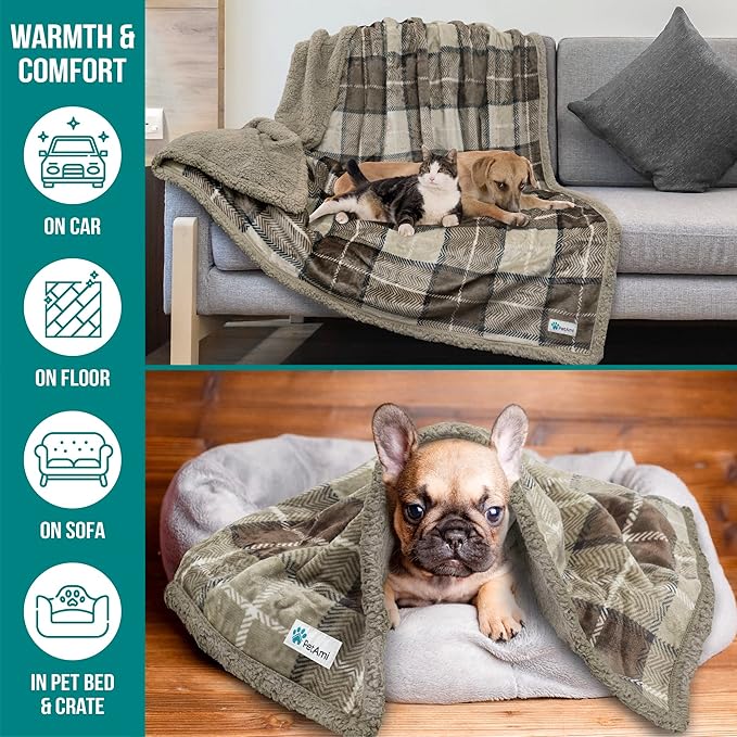 PetAmi Waterproof Dog Blanket for Small Medium Dog, Pet Puppy Blanket Couch Cover Protection, Sherpa Fleece Cat Blanket Couch Sofa Bed Furniture Protector Reversible Soft Washable 29x40 Plaid Taupe