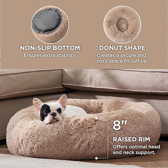 Bedsure Calming Dog Bed for Medium Dogs - Donut Washable Medium Pet Bed, 30 inches Anti-Slip Round Fluffy Plush Faux Fur Cat Bed, Fits up to 45 lbs Pets, Camel