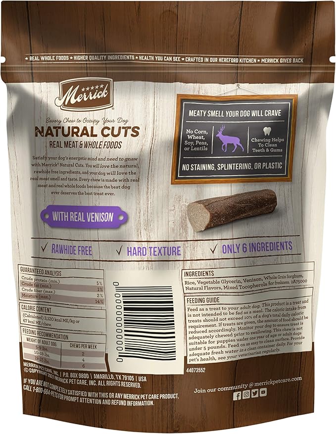 Merrick Natural Cuts Chicken Free Non Rawhide Small Dog Treats, Hard Texture Chew Sticks With Real Venison - 11 ct. Pouch