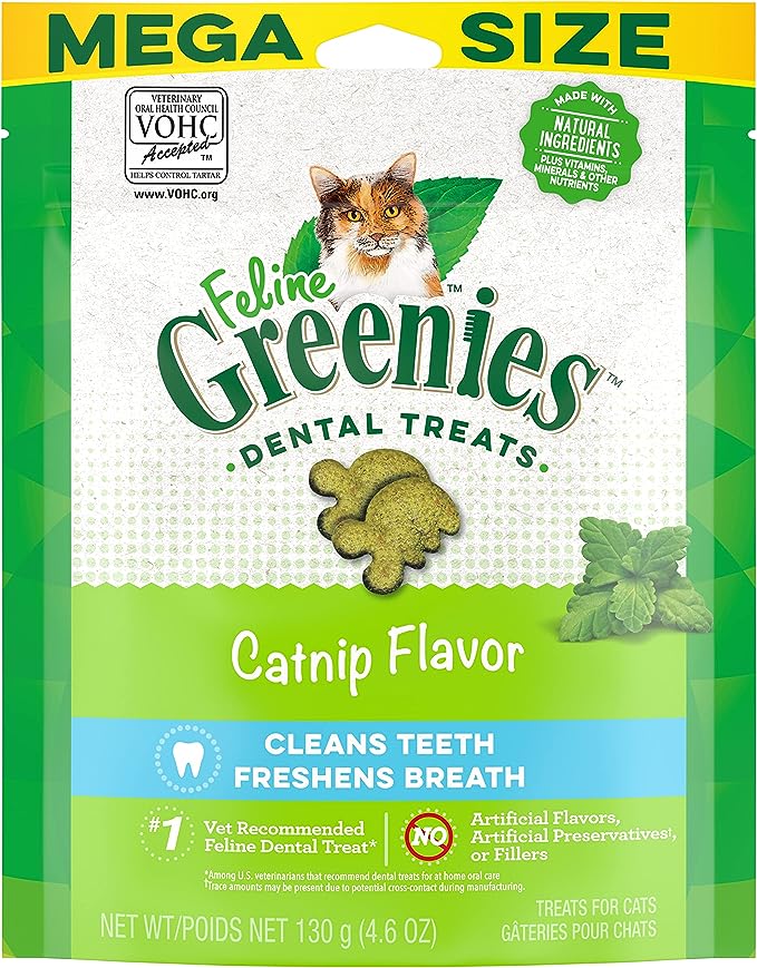 Greenies Feline Adult Natural Dental Care Cat Treats, Catnip Flavor, 4.6 oz. Pouch