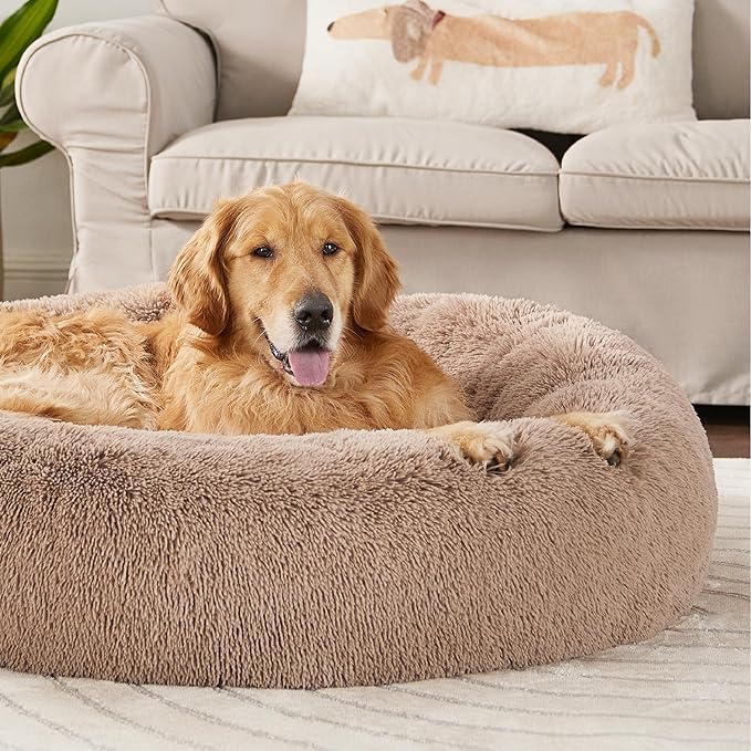 Bedsure Calming Dog Bed for Extra Large Dogs - Donut Washable Large Pet Bed, 45 inches Anti-Slip Round Fluffy Plush Faux Fur Dog Bed, Fits up to 125 lbs Pets, Camel