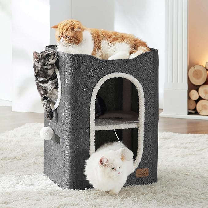 Bedsure 2-Level Cat House for Indoor Cats - Small Cat Towers with Scratch Pad and Hideaway Condo, Cat Cave Bed Furniture for Multi Pets and Large Cats, 18x14x23 inches, Dark Grey