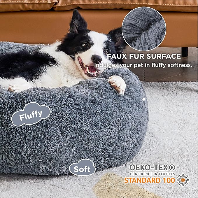 Bedsure Calming Dog Bed for Large Dogs - Donut Washable Large Pet Bed, 36 inches Anti Anxiety Round Fluffy Plush Faux Fur Dog Bed, Fits up to 100 lbs Pets, Dark Grey