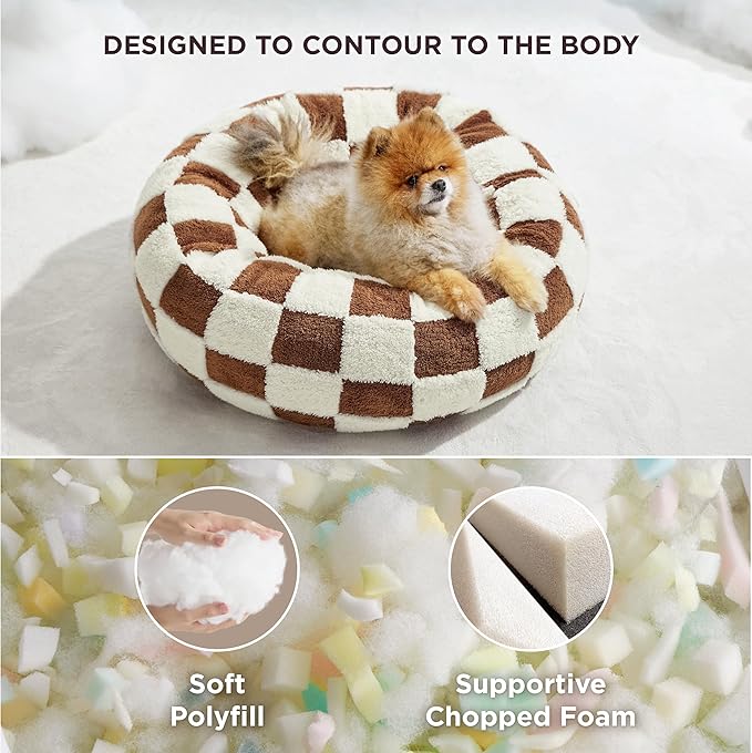 Lesure Donut Small Dog Bed - Round Cat Beds for Indoor Cats Anti-Anxiety Calming Pet Beds, Washable Cute Modern Beds with Teddy Sherpa Plush & Anti Slip Bottom Brwon