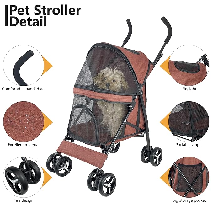 Umbrella shaped Lightweight 4 Wheel Dog Stroller for Medium Small Dogs, Portable Compact Pet Stroller with Breathable Mesh, Perfect for Travel,Jogging,up to 22lbs(Red)