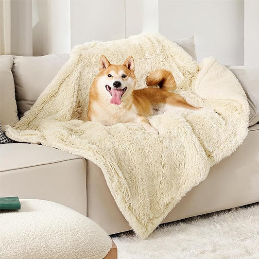 Bedsure Waterproof Dog Blankets for Medium Dogs - Calming Cat Blanket for Couch Protector Washable, Long Faux Fur Pet Throw Blanket for Puppy, Reversible Furniture Protection, 30"x40", Cream