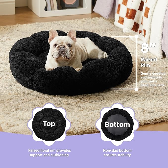 Lesure Calming Medium Dog Bed - Flower Donut Round Fluffy Puppy Bed in Plush Teddy Sherpa, Non-Slip Cute Flower Cat Beds for Indoor Cats, Medium Pet Bed Fits up to 45 lbs, Machine Washable, Black 30"
