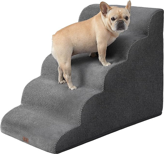 EHEYCIGA Curved Dog Stairs for High Beds, 5-Step Extra Wide Dog Steps for Small Dogs and Cats, Pet Stairs for High Bed Climbing, Non-Slip Balanced Pet Step Indoor, Grey