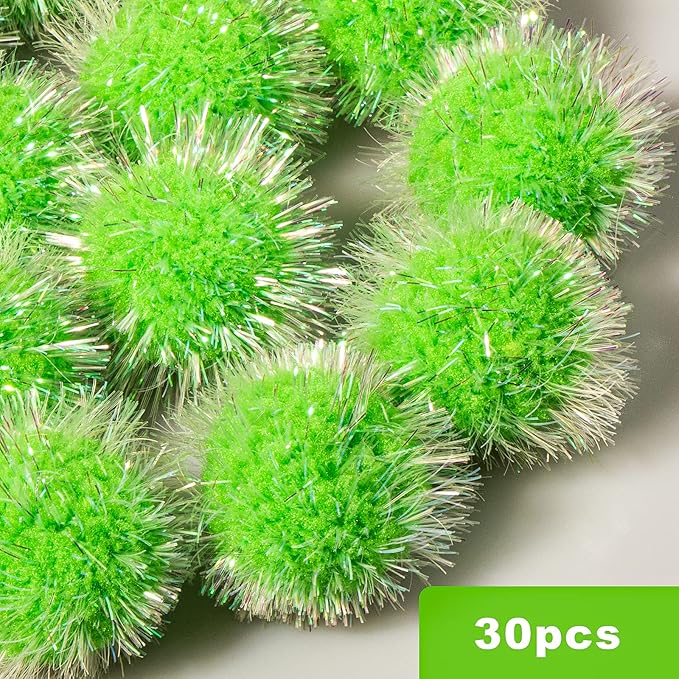 30 Pcs Cat Ball Toys Sparkle Balls Extra Large 2 Inch Cat's Favorite Chase Glitter Ball Glitter Tinsel Pom Poms Balls Green Color