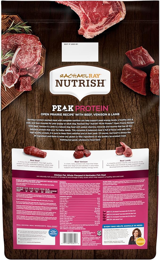 Rachael Ray Nutrish PEAK Natural Dry Dog Food with Added Vitamins, Minerals & Taurine, Open Prairie Recipe with Beef, Venison & Lamb, 12 Pounds, Grain Free (Packaging May Vary)