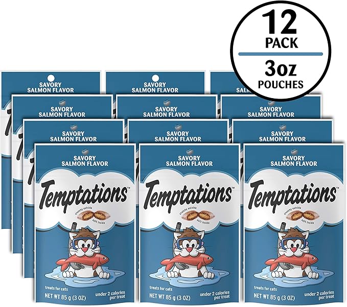 Temptations Classic Crunchy and Soft Cat Treats Savory Salmon Flavor, 3 oz. Pouch (Pack of 12)