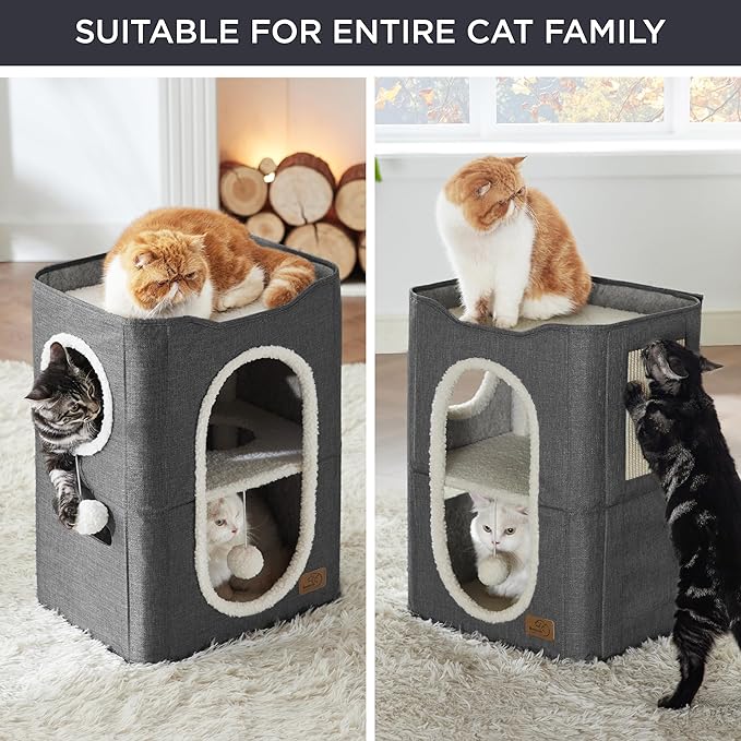 Bedsure 2-Level Cat House for Indoor Cats - Small Cat Towers with Scratch Pad and Hideaway Condo, Cat Cave Bed Furniture for Multi Pets and Large Cats, 18x14x23 inches, Dark Grey