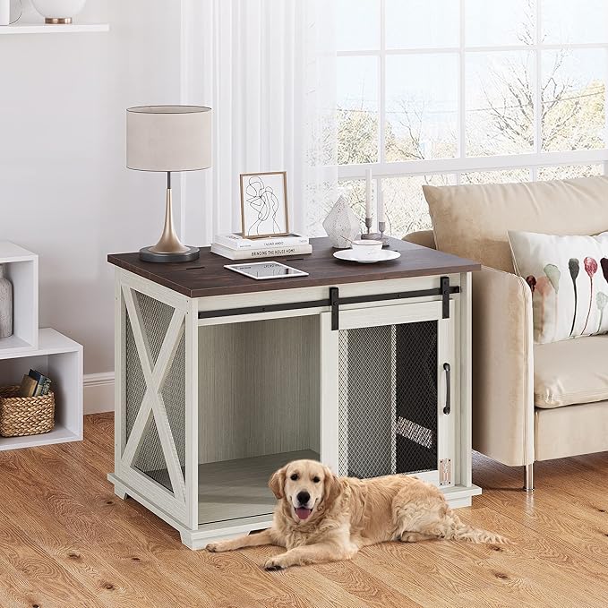 Furniture Style Dog Crate End Table with Sliding Barn Door, Indoor Dog Kennel Furniture with Removable Divider, Flip Top Dog Crate Table, Dog House,Dog Crate Furniture, White