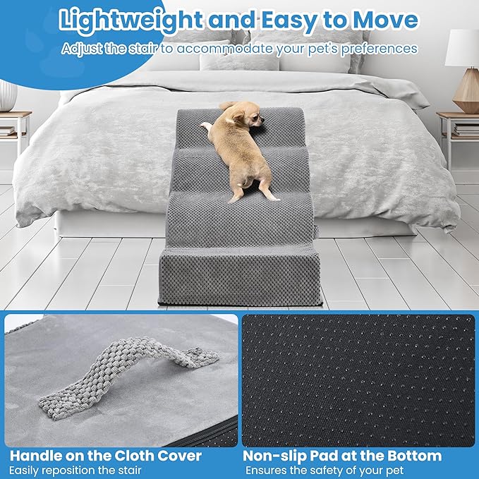 Dog Stairs 4 Steps, 19.6 inch High Pet Stairs, 30D Foam Dog Dtairs & Steps Curved Steps and Small Step Angle Protect Your Pet's Joints, Dog Steps for Small Dog, Dog Stairs to Bed, Gray