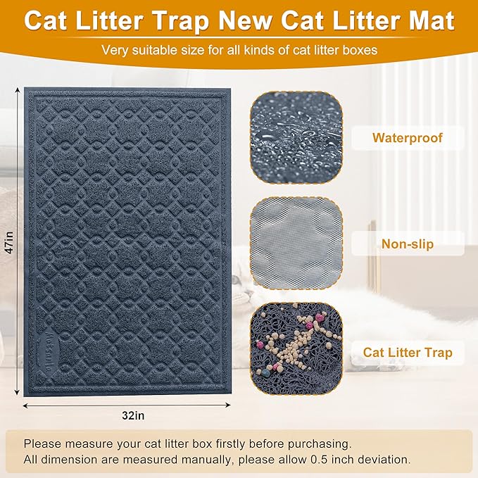 Cat Litter Box Mat, 47" x 32" XL Large Kitty Litter Trapping Mat Keep Floor Clean, Litter Box Mat Scatter Control, Waterproof, Easy to Clean, Durable Large Size Litter Mats for Floor