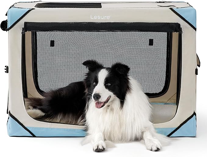 Lesure Collapsible Dog Crate - Portable Dog Travel Crate Kennel for Large Dog, 4-Door Pet Crate with Durable Mesh Windows, Indoor & Outdoor (Beige)