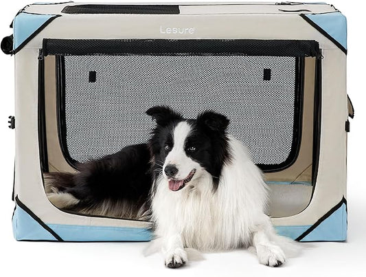 Lesure Collapsible Dog Crate - Portable Dog Travel Crate Kennel for Large Dog, 4-Door Pet Crate with Durable Mesh Windows, Indoor & Outdoor (Beige)