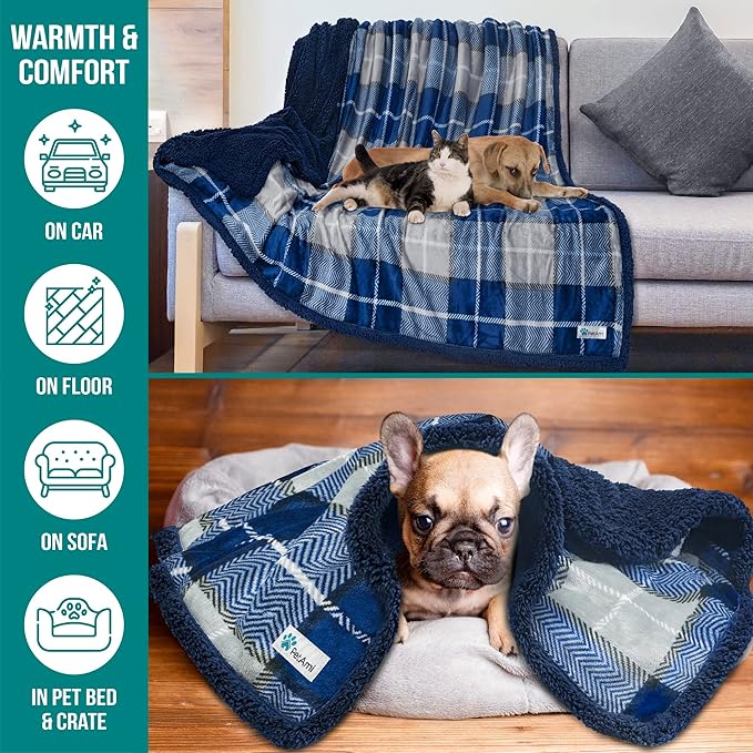 PetAmi WATERPROOF Dog Blanket for Bed, XL Dog Pet Blanket Couch Cover Protection, Sherpa Fleece Leakproof Bed Blanket for Crate Kennel Sofa Furniture Protector, Reversible Soft Plush 80x60 Plaid Navy